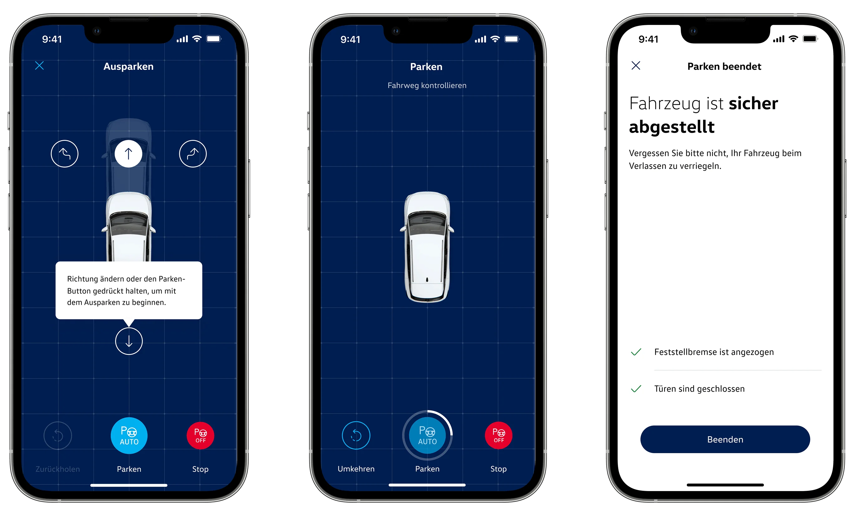 Remote Park Assist — mobile app screens